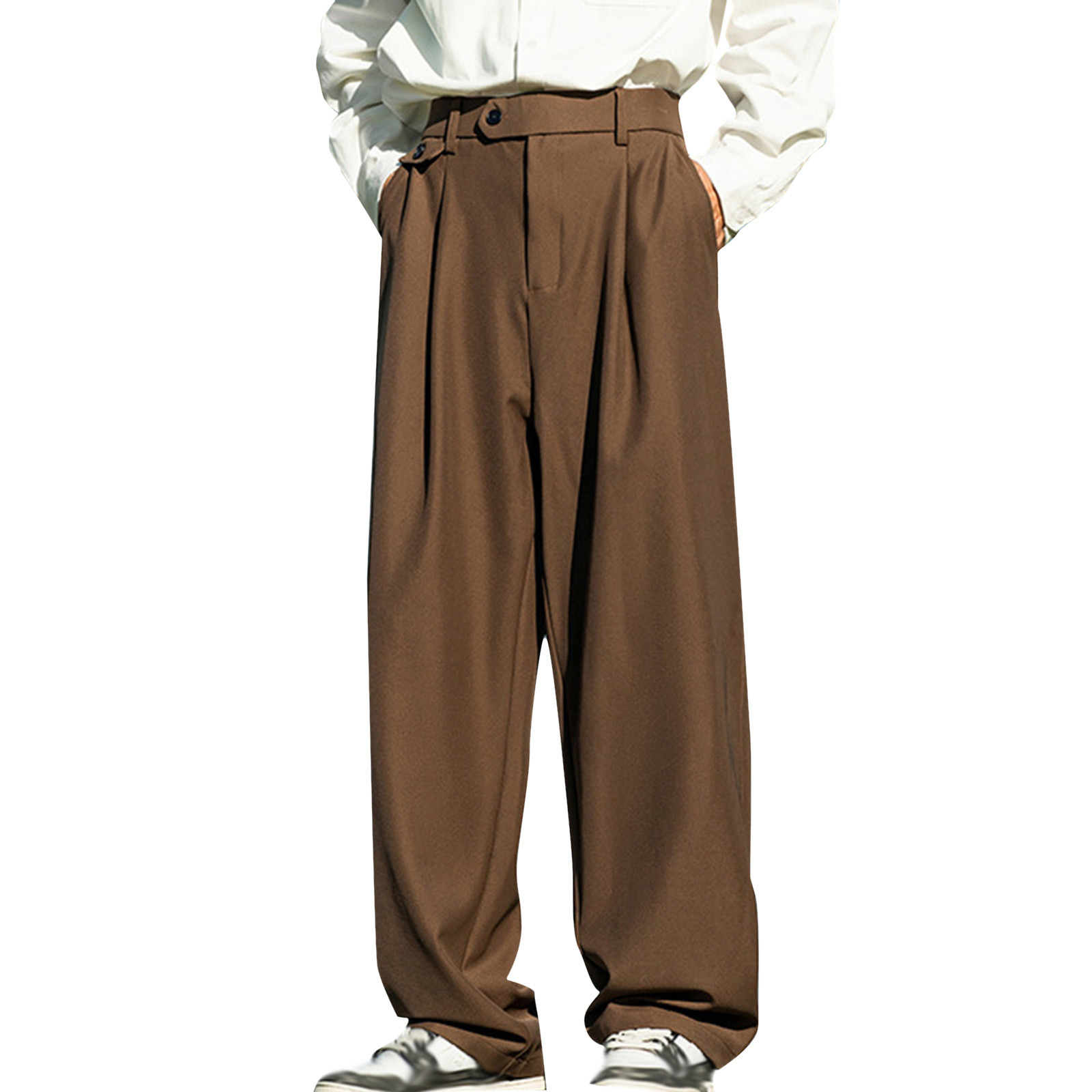 thumbnail image 2 of Pantalones de vestir holgados con pliegues para hombre, cintura elástica, mezcla de poliéster y algodón, para ocasiones formales y casuales (S-XL), 2 of 8